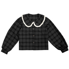 Plaid shirt long-sleeved shirt loose doll collar top - MEIMMEIM(メイムメイム)