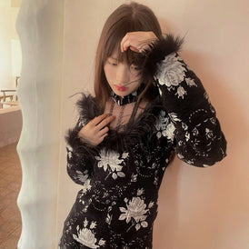 Plush Splicing Jacquard Lace Cheongsam Long Sleeve Top - MEIMMEIM(メイムメイム)