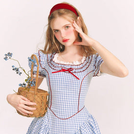 Puff Sleeves French Sweet Plaid Princess Dress - MEIMMEIM(メイムメイム)