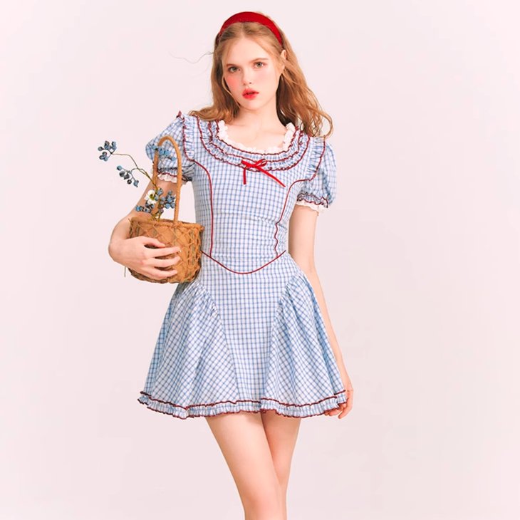 Puff Sleeves French Sweet Plaid Princess Dress - MEIMMEIM(メイムメイム)