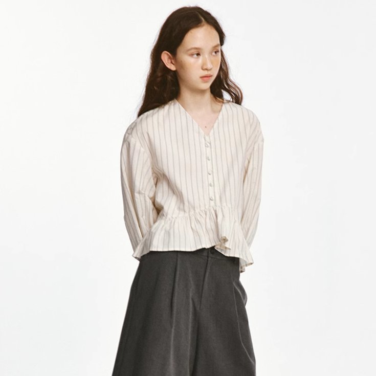 Pure cotton striped V-neck shirt tops - MEIMMEIM(メイムメイム)