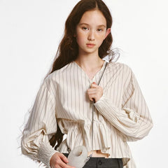 Pure cotton striped V-neck shirt tops - MEIMMEIM(メイムメイム)