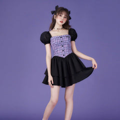Purple bubble sleeve high waist slim cake dress - MEIMMEIM(メイムメイム)