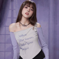 Purple Sloped Shoulder Long Sleeve T-Shirt Short Top - MEIMMEIM(メイムメイム)