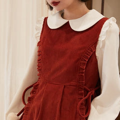 Red corduroy vest skirt mid-length tie sleeveless dress - MEIMMEIM(メイムメイム)