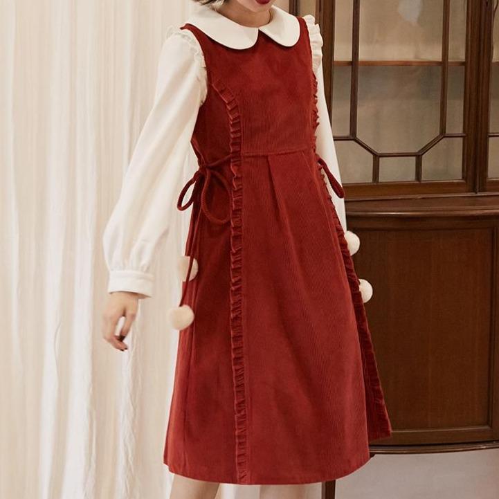 Red corduroy vest skirt mid-length tie sleeveless dress - MEIMMEIM(メイムメイム)