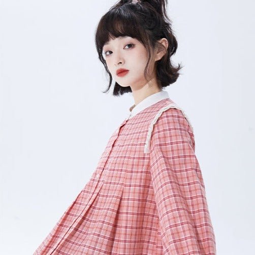Red plaid small stand collar pleated shirt - MEIMMEIM(メイムメイム)