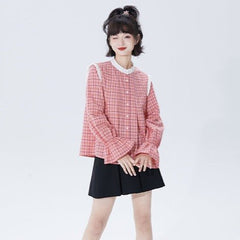 Red plaid small stand collar pleated shirt - MEIMMEIM(メイムメイム)