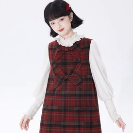 Red plaid woolen high-waisted bow-tie inner v-neck dress - MEIMMEIM(メイムメイム)