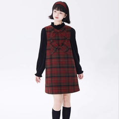 Red plaid woolen high-waisted bow-tie inner v-neck dress - MEIMMEIM(メイムメイム)
