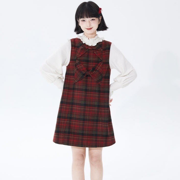 Red plaid woolen high-waisted bow-tie inner v-neck dress - MEIMMEIM(メイムメイム)