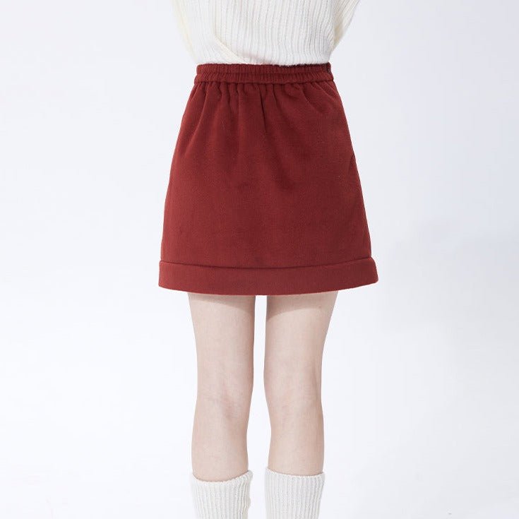 Red Woolen Skirt Loose Retro Short A-Line Skirt - MEIMMEIM(メイムメイム)