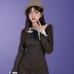 Retro brown checkered doll collar long sleeve dress - MEIMMEIM(メイムメイム)