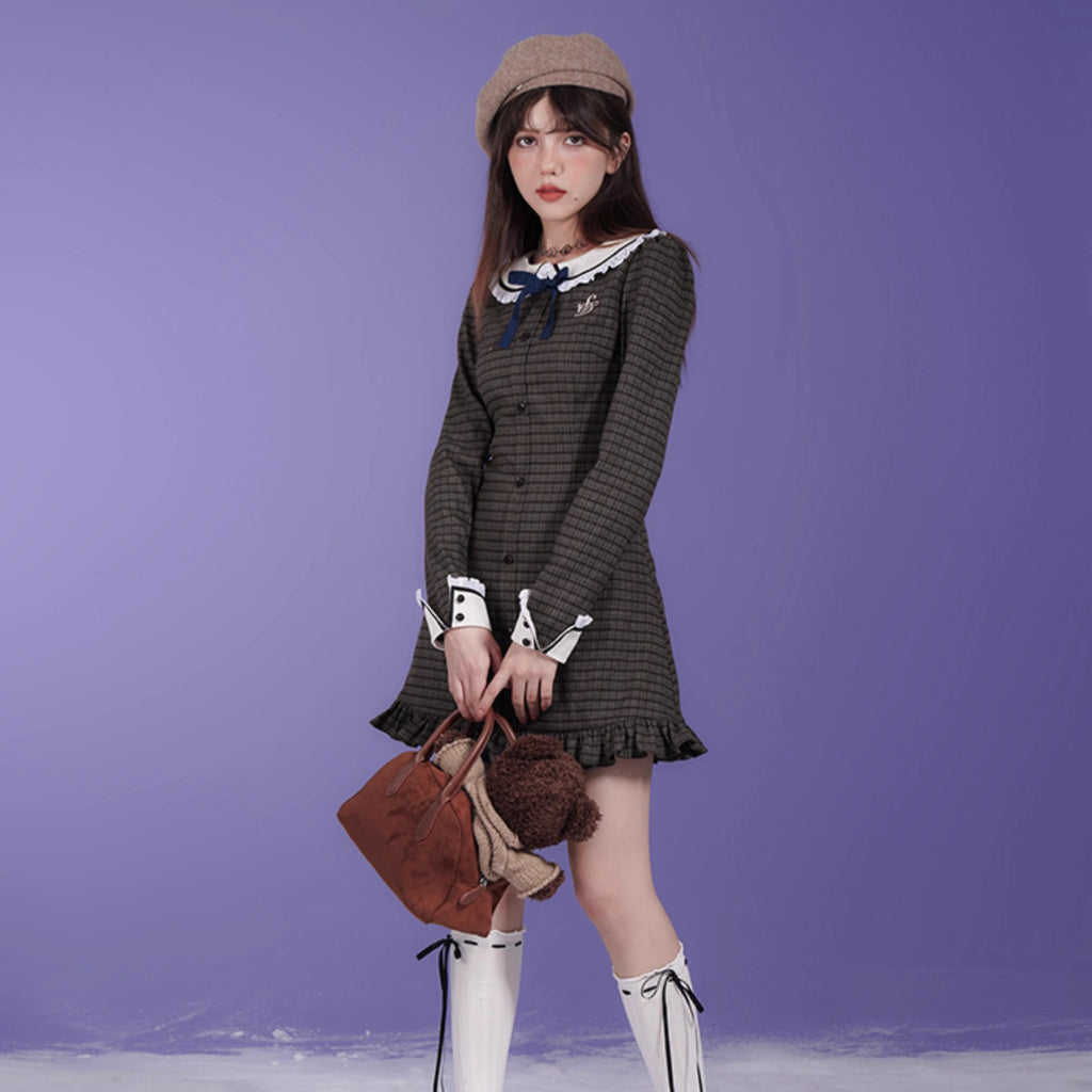 Retro brown checkered doll collar long sleeve dress - MEIMMEIM(メイムメイム)