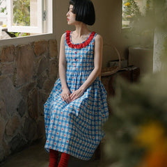 Retro red and blue plaid sleeveless lace-up dress - MEIMMEIM(メイムメイム)