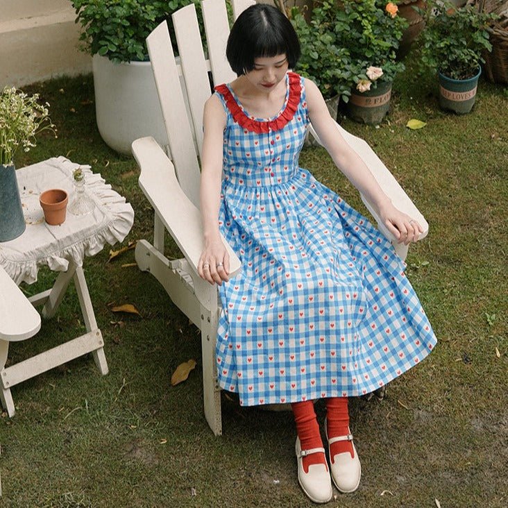 Retro red and blue plaid sleeveless lace-up dress - MEIMMEIM(メイムメイム)