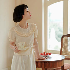 Retro ruffled round neck short-sleeved shirt top female - MEIMMEIM(メイムメイム)