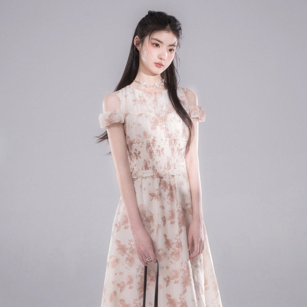 Romantic holiday branch rose layered print waist dress - MEIMMEIM(メイムメイム)