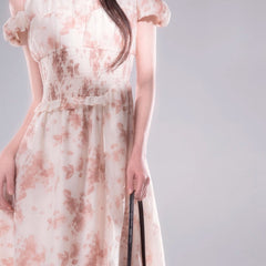 Romantic holiday branch rose layered print waist dress - MEIMMEIM(メイムメイム)