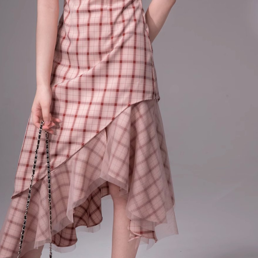 Rose artistic fishtail plaid irregular hem suspender dress - MEIMMEIM(メイムメイム)