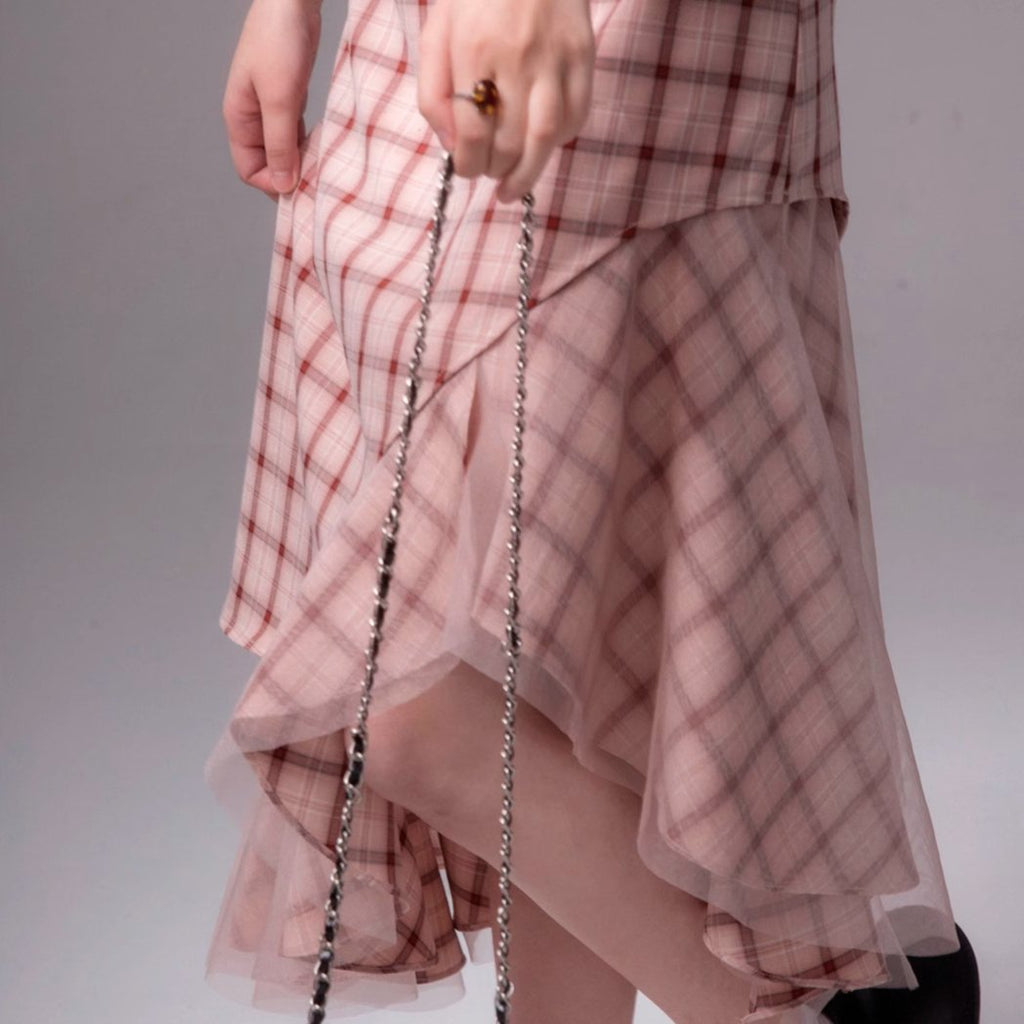 Rose artistic fishtail plaid irregular hem suspender dress - MEIMMEIM(メイムメイム)