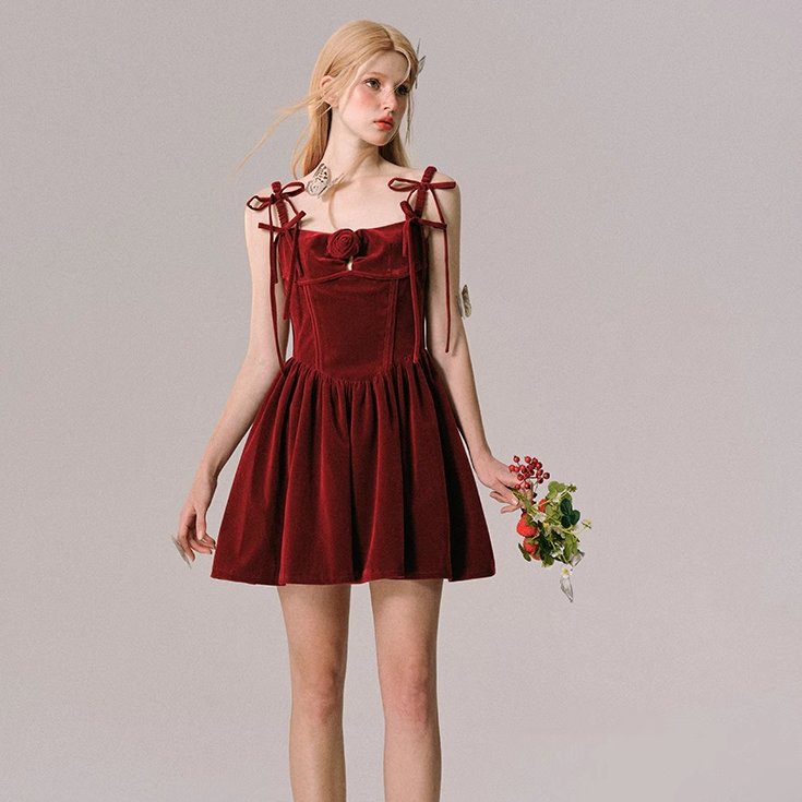 Rosy Christmas Velvet New Year Red Slip Dress - MEIMMEIM(メイムメイム)