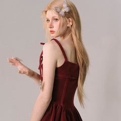 Rosy Christmas Velvet New Year Red Slip Dress - MEIMMEIM(メイムメイム)