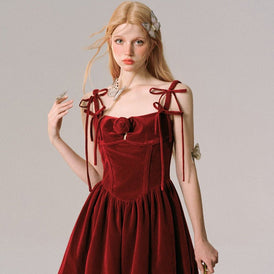 Rosy Christmas Velvet New Year Red Slip Dress - MEIMMEIM(メイムメイム)