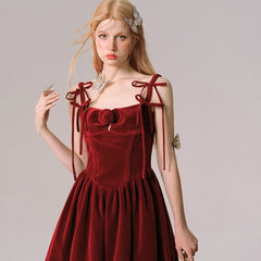 Rosy Christmas Velvet New Year Red Slip Dress - MEIMMEIM(メイムメイム)