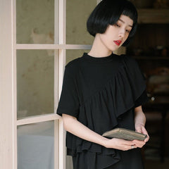 Round neck black short-sleeved dress - MEIMMEIM(メイムメイム)