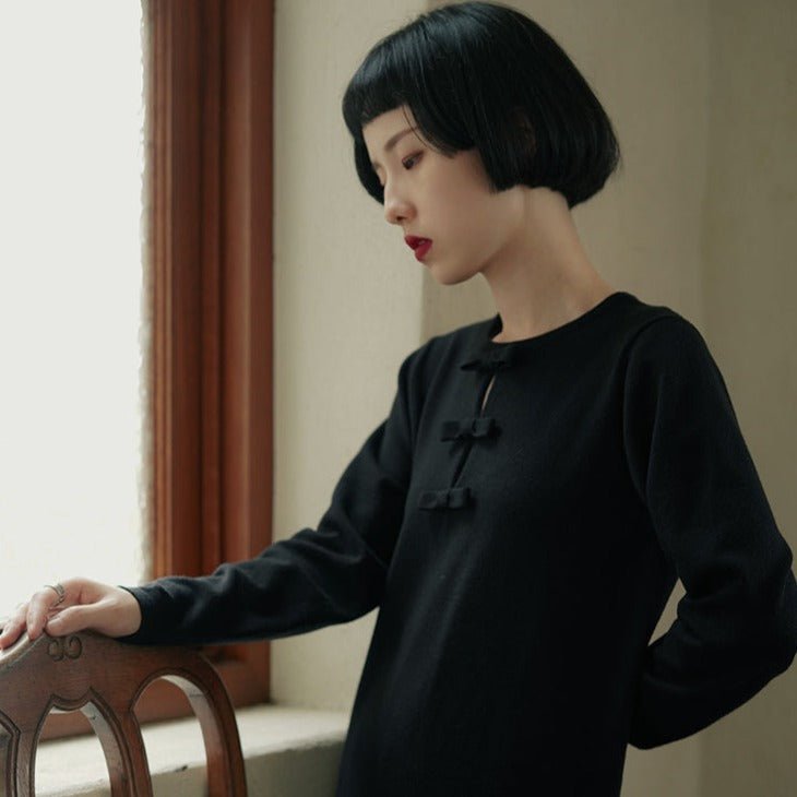 Round neck bow slit stretch knitted black dress - MEIMMEIM(メイムメイム)