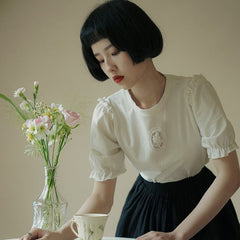 Round neck lantern sleeves rose small white T-shirt - MEIMMEIM(メイムメイム)