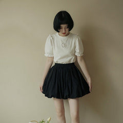 Round neck lantern sleeves rose small white T-shirt - MEIMMEIM(メイムメイム)