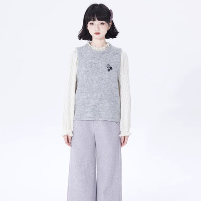 Round neck pullover sweater vest with layered buttons - MEIMMEIM(メイムメイム)