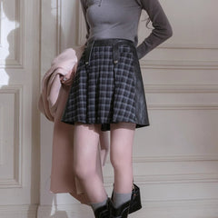 Rubber Gray Plaid, Frosted Mocha Pleated Short Skirt - MEIMMEIM(メイムメイム)