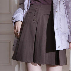 Rubber Gray Plaid, Frosted Mocha Pleated Short Skirt - MEIMMEIM(メイムメイム)