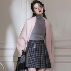 Rubber Gray Plaid, Frosted Mocha Pleated Short Skirt - MEIMMEIM(メイムメイム)