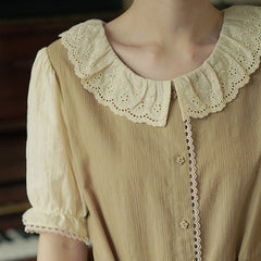 Ruffle collar stitching tea break A-line dress summer - MEIMMEIM(メイムメイム)