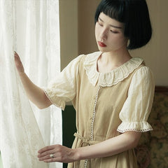 Ruffle collar stitching tea break A-line dress summer - MEIMMEIM(メイムメイム)