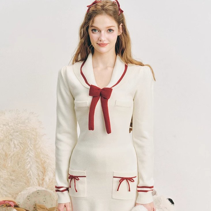 Sailor Knit Dress Navy Neck Slim Skirt - MEIMMEIM(メイムメイム)