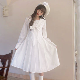 Sailor neck ribbon pleated long sleeve lace dress - MEIMMEIM(メイムメイム)