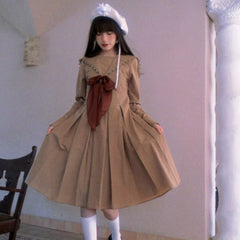 Sailor neck ribbon pleated long sleeve lace dress - MEIMMEIM(メイムメイム)