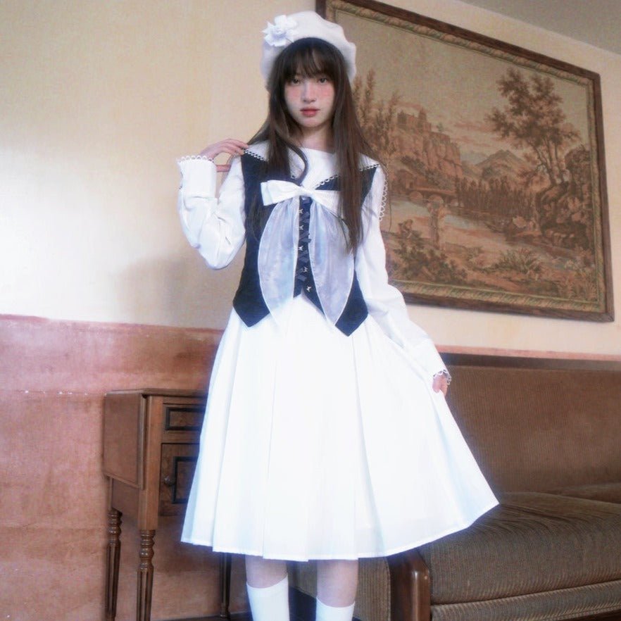 Sailor neck ribbon pleated long sleeve lace dress - MEIMMEIM(メイムメイム)