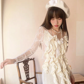 See-through inner wear irregular lady long-sleeved lace shirt - MEIMMEIM(メイムメイム)