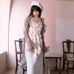 See-through inner wear irregular lady long-sleeved lace shirt - MEIMMEIM(メイムメイム)