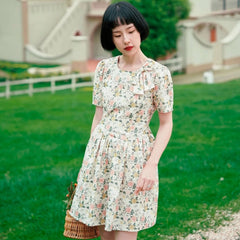 Showa flower French retro girl bow floral dress - MEIMMEIM(メイムメイム)