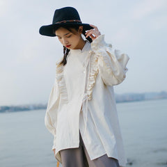 Single-winged bird stand-up collar fril blouse - ANM CHANNEL