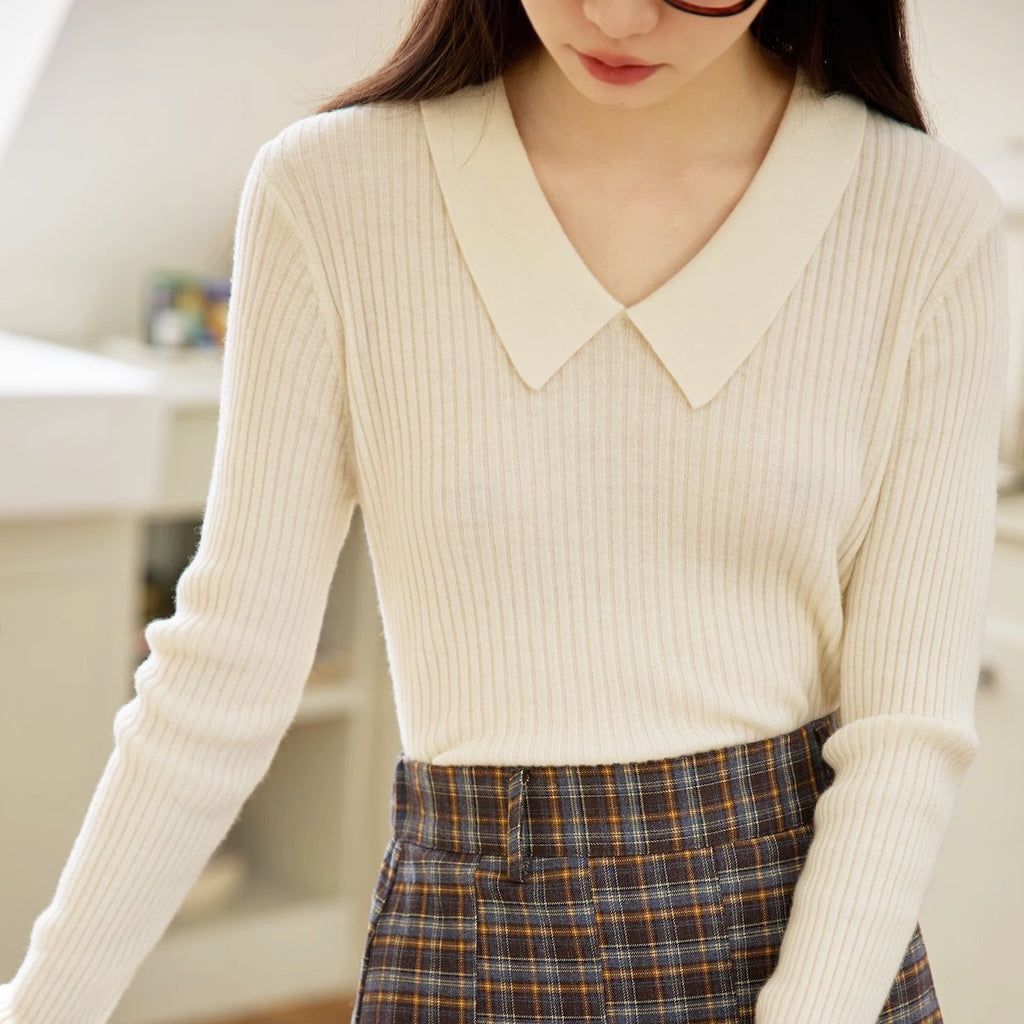 Small lapel vertical pit strip wool sweater - MEIMMEIM(メイムメイム)