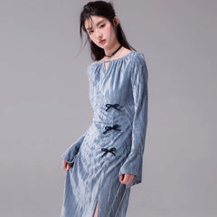 Snow mist blue vertical pattern velvet hip dress - MEIMMEIM(メイムメイム)