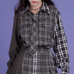 Splicing design plaid loose casual shirt dress - MEIMMEIM(メイムメイム)